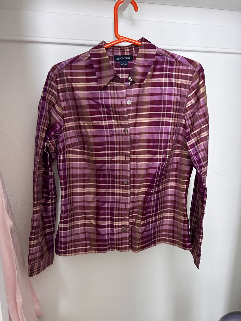 Ann Taylor 100% silk Purple Plaid lightweight blouse